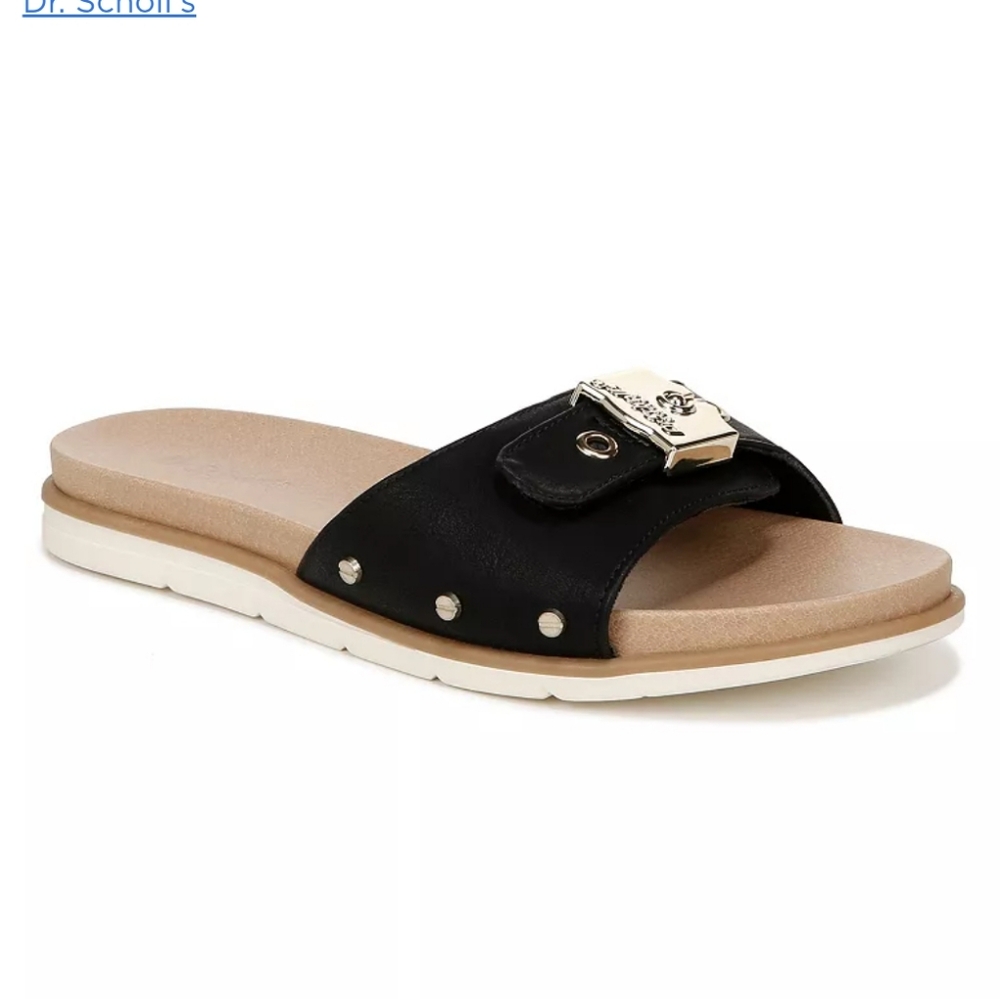 New Dr. Scholl's Black & Tan Slide Sandals Flip Flops Casual Gold Buckle Size 8